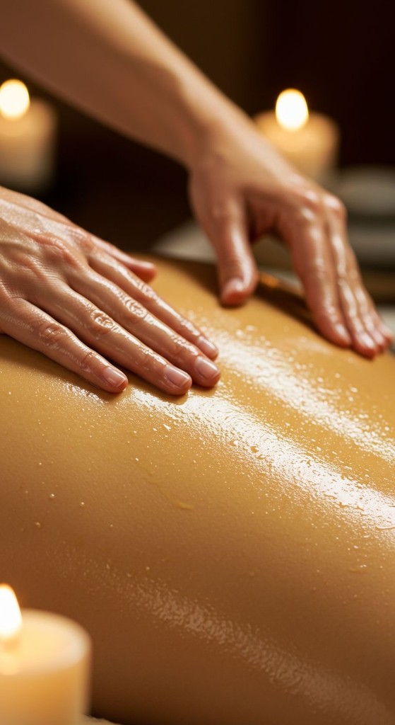 Hands applying oil to client's back in candlelight