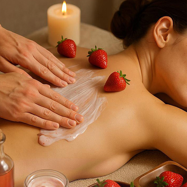 Relaxing strawberry back massage procedure in a spa salon using fresh berries and cream