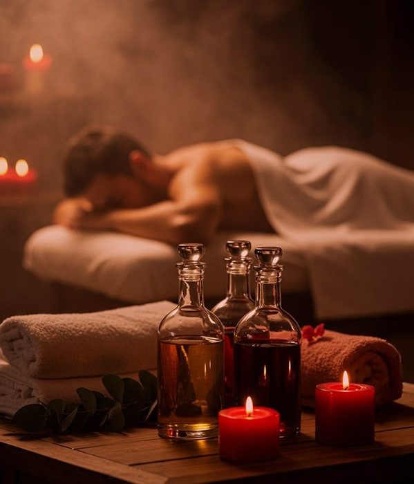 A man on a massage table in a relaxing atmosphere with candles in the background