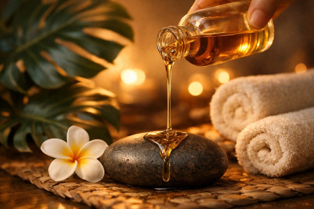Warm massage oil and tropical leaves at U Spa Al Barsha, Dubai
